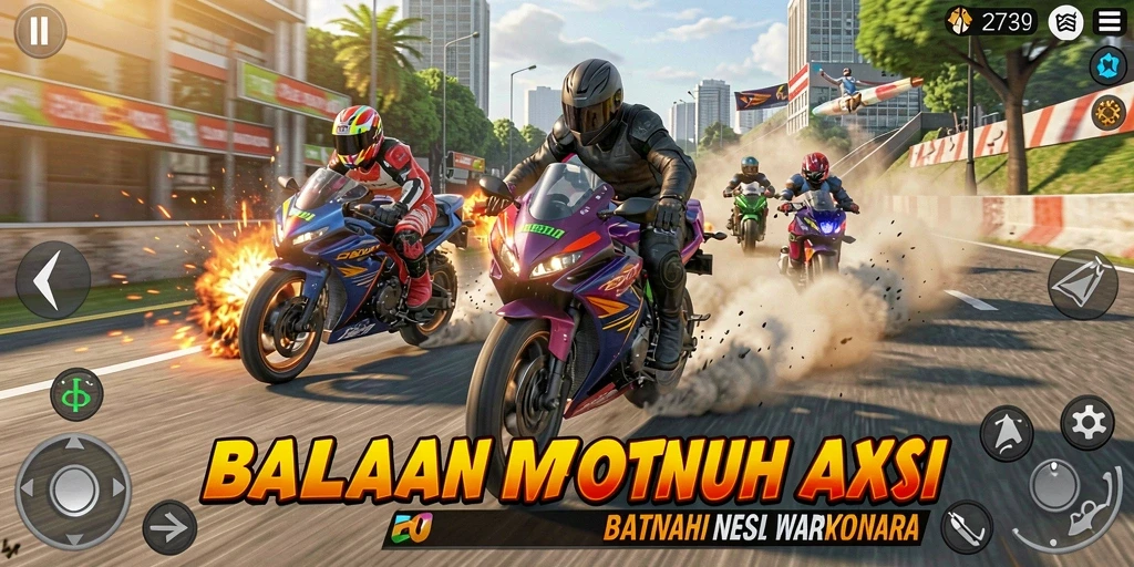 Screenshot gameplay menampilkan aksi balapan motor yang mendebarkan.