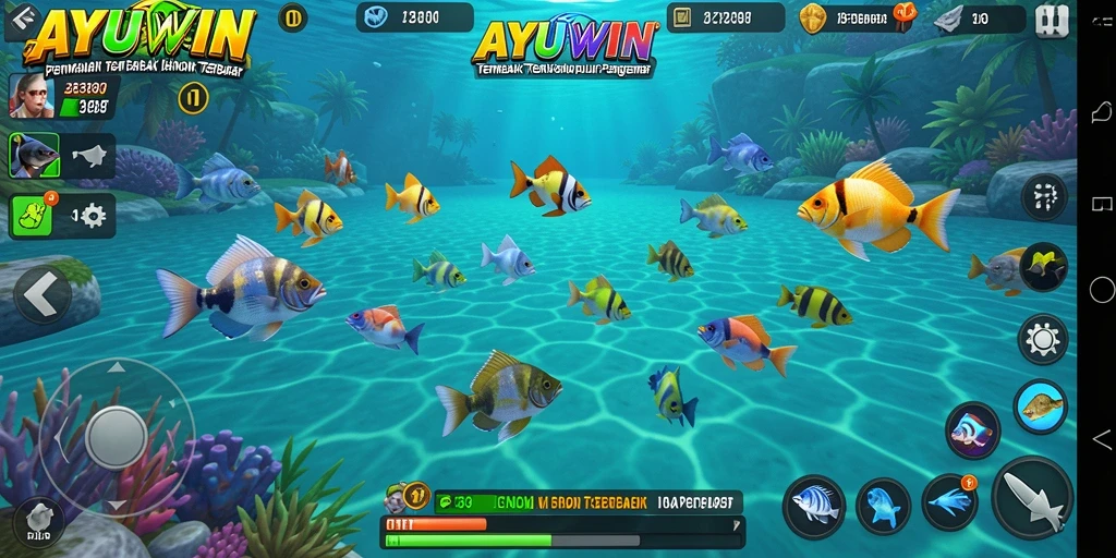 Tangkapan layar menampilkan aksi seru dalam permainan Tembak Ikan AYUWIN.