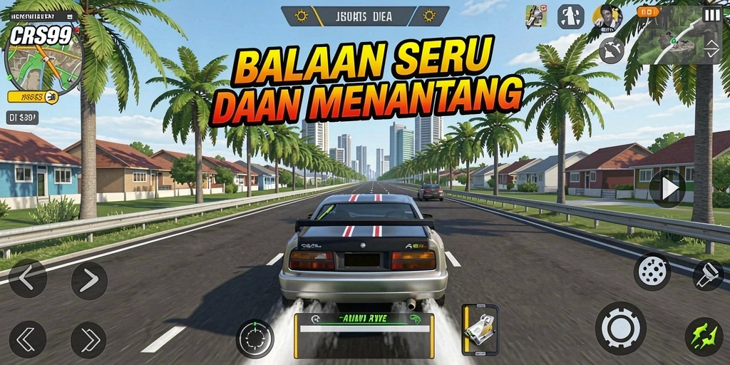 Tangkapan layar gameplay CRS99 menampilkan aksi balapan yang mendebarkan.