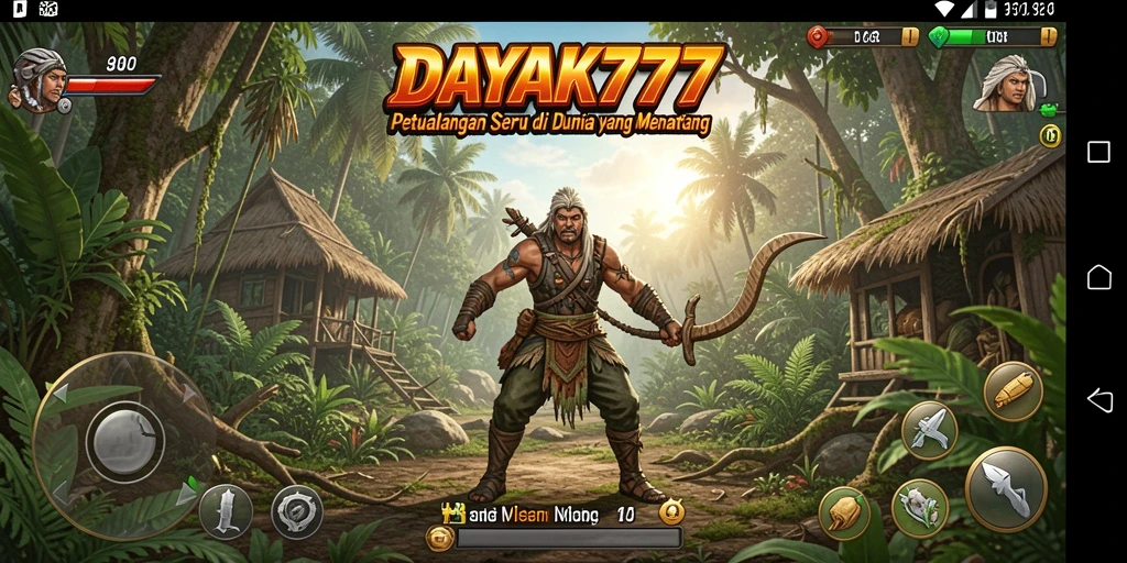 Screenshot utama <strong>DAYAK777</strong> menampilkan momen petualangan seru di hutan lebat.