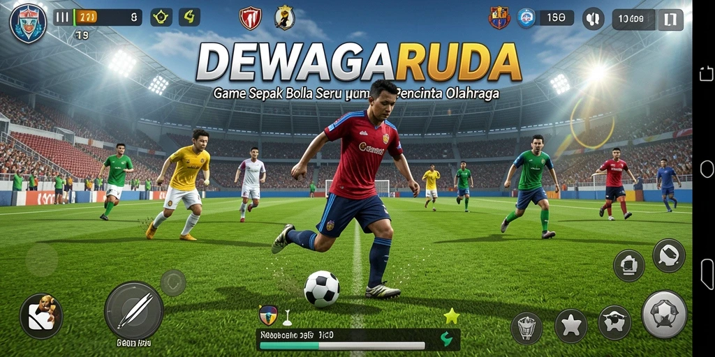 Tangkapan layar utama permainan DEWAGARUDA dengan aksi sepak bola yang seru.