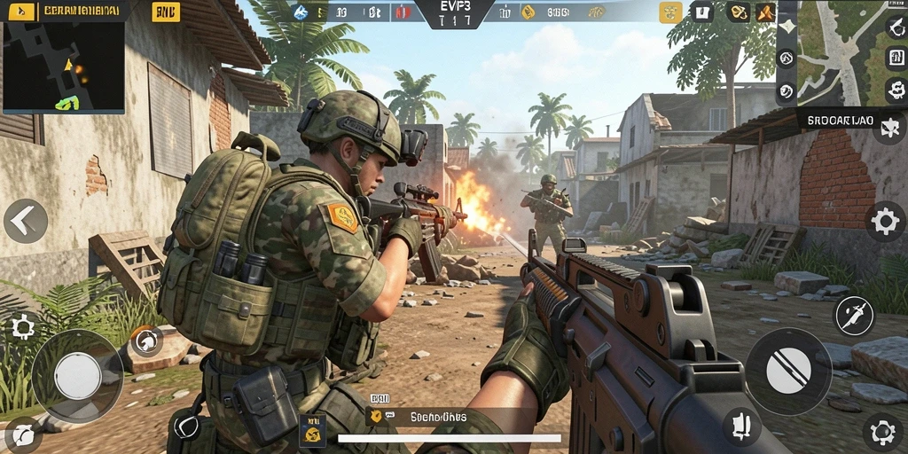Screenshot gameplay EVIP3 yang menunjukkan aksi tembak-menembak yang seru.