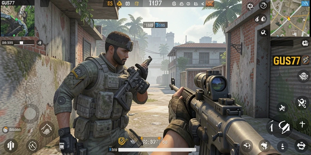 Screenshot menampilkan aksi seru gameplay FPS di GUS77.