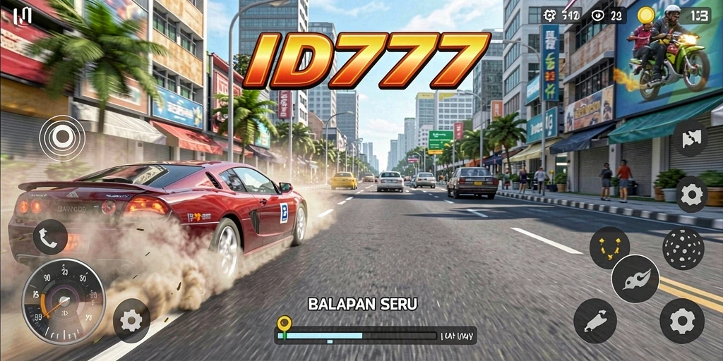 Screenshot gameplay ID777 menampilkan aksi balapan yang mendebarkan di jalanan.