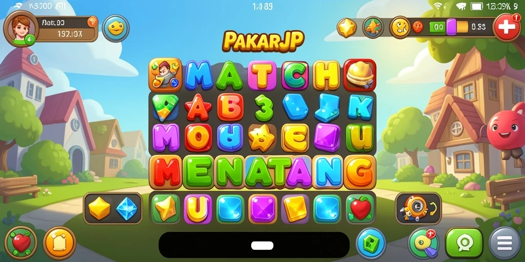 Tampilan gameplay Match-3 yang menarik dan penuh warna.