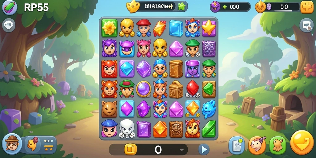Gameplay seru RP55 dengan grafis cerah dan tantangan Match-3.