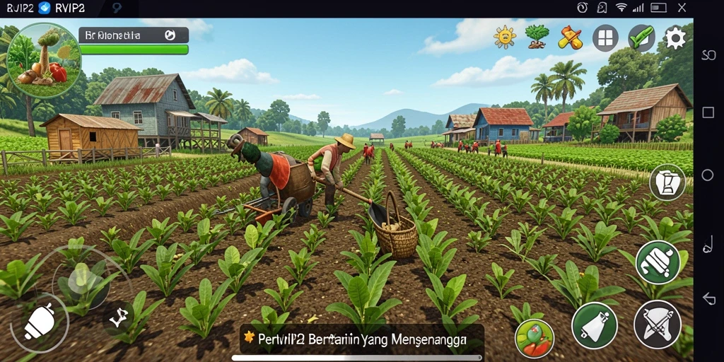 Screenshot gameplay RVIP2 menampilkan ladang hijau yang subur dan hewan ternak.