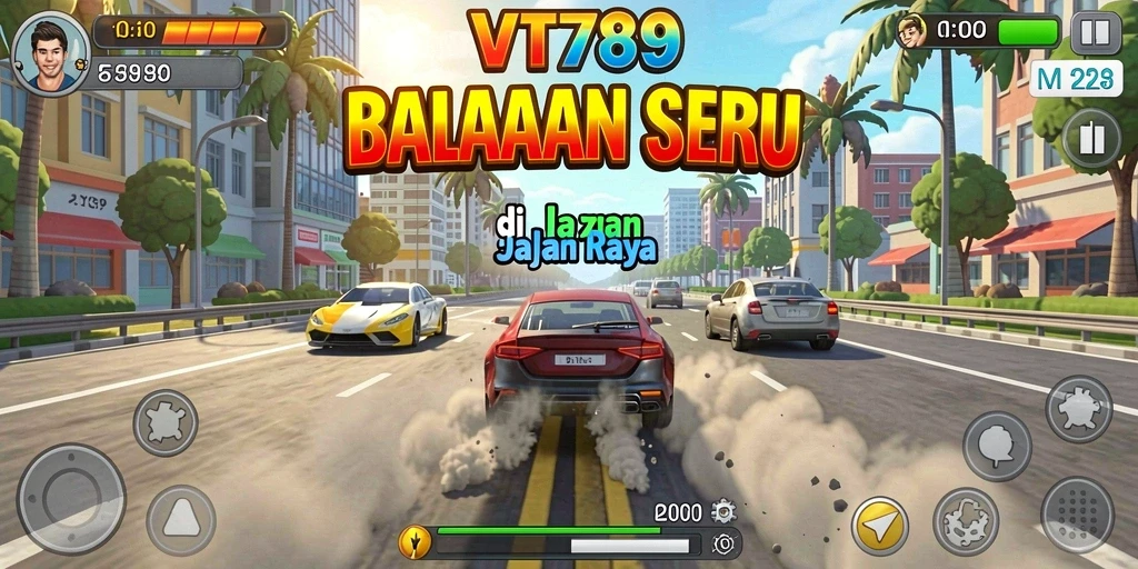 Screenshot gameplay VT789 menampilkan mobil balap melaju cepat di trek modern.