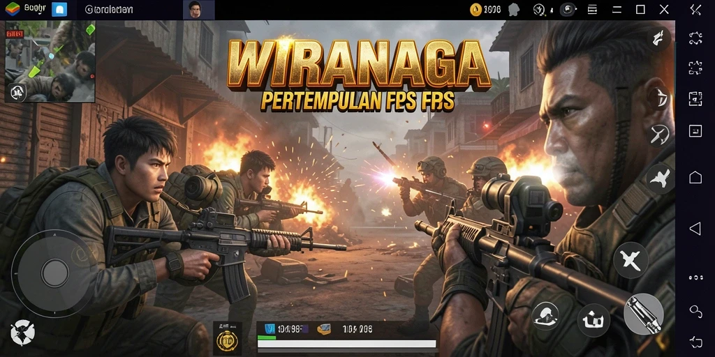 Screenshot menunjukkan pertempuran intens dalam WIRANAGA dengan gameplay FPS yang seru.