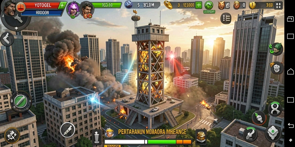Tampilan gameplay seru dalam YOTOGEL dengan menara dan musuh yang beragam.